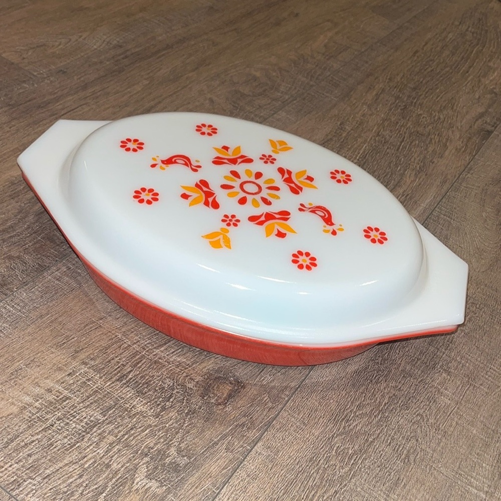 Vintage Pyrex Orange Red Friendship Divided Milk Glass Casserole Dish Lid Cover